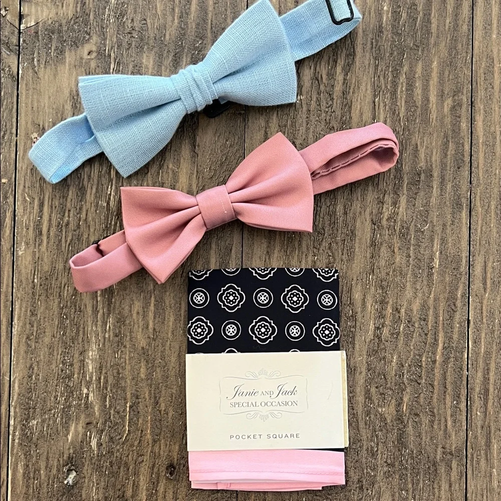 Janie and Jack Pink and Light Blue Bow Tie Set with Pink Pocket Square